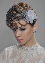 Kizzy - Blusher Birdcage Wedding Veil, Organza Flower, Swarowski